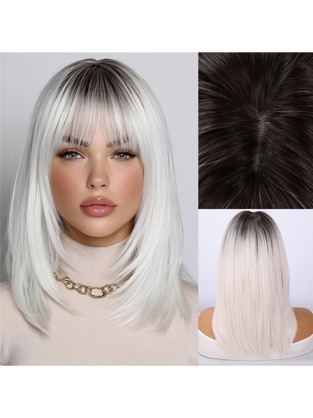 White Gradient Straight Hair Women's Glue-free Wig | with Bangs Simulation